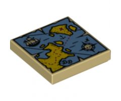 Tile 2 x 2 with Map Blue Water, Yellow Land, Black Pirate Ship, Compass Rose, White Skeleton Head and Red 'X' Pattern