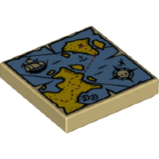 Tile 2 x 2 with Map Blue Water, Yellow Land, Black Pirate Ship, Compass Rose, White Skeleton Head and Red 'X' Pattern