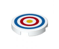 Tile, Round 2 x 2 with Bottom Stud Holder with Blue and Red Circles and Yellow Dot Archery Target Pattern