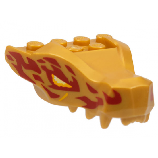 Dragon Head (Ninjago) Jaw with 2 Bar Handles on Back with White and Orange Eyes and Red Flame Pattern