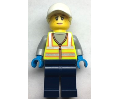 Forklift Driver - Female, Neon Yellow Safety Vest, Dark Blue Legs, White Cap with Bright Light Yellow Hair