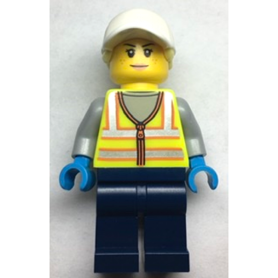 Forklift Driver - Female, Neon Yellow Safety Vest, Dark Blue Legs, White Cap with Bright Light Yellow Hair