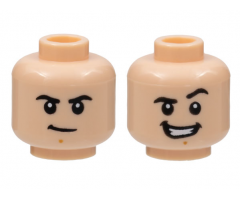 Minifigure, Head Dual Sided Black Eyebrows, Medium Nougat Chin Dimple, Firm / Smile with Teeth and Raised Left Eyebrow Pattern - Hollow Stud
