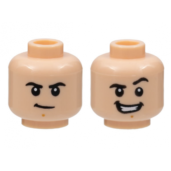Minifigure, Head Dual Sided Black Eyebrows, Medium Nougat Chin Dimple, Firm / Smile with Teeth and Raised Left Eyebrow Pattern - Hollow Stud