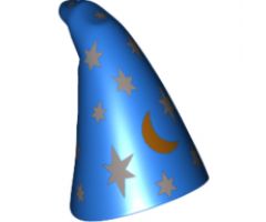 Minifigure, Headgear Hat, Cone Drooping, Wizard with Silver Stars and Gold Moon Pattern