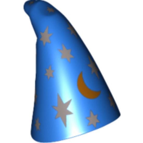 Minifigure, Headgear Hat, Cone Drooping, Wizard with Silver Stars and Gold Moon Pattern