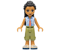 Friends Dr. Makena, Olive Green Trousers, Tan Shoes, Bright Light Blue Vest over Coral Shirt