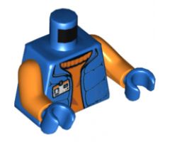 Torso Down Vest with ID Badge over Orange Sweater, Arctic Explorer Logo on Reverse Pattern / Orange Arms / Blue Hands