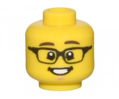 Minifigure, Head Dark Brown Eyebrows, Black Rectangular Glasses, Open Mouth Smile, White Teeth, Chin Dimple Pattern - Hollow Stud
