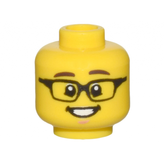 Minifigure, Head Dark Brown Eyebrows, Black Rectangular Glasses, Open Mouth Smile, White Teeth, Chin Dimple Pattern - Hollow Stud