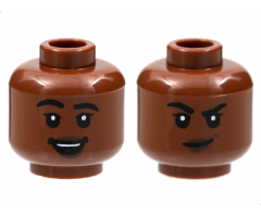 Minifigure, Head Dual Sided Female, Black Eyebrows, Dark Brown Lips, Smile with Teeth / Lopsided Grin with Raised Eyebrow Right Pattern - Hollow Stud