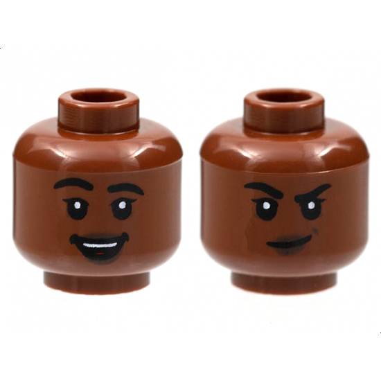 Minifigure, Head Dual Sided Female, Black Eyebrows, Dark Brown Lips, Smile with Teeth / Lopsided Grin with Raised Eyebrow Right Pattern - Hollow Stud