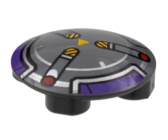 Plate, Round 2 x 2 with Rounded Bottom with Dark Purple and Silver Border, 3 Spokes with Black and Yellow Danger Stripes and Red Dots Pattern