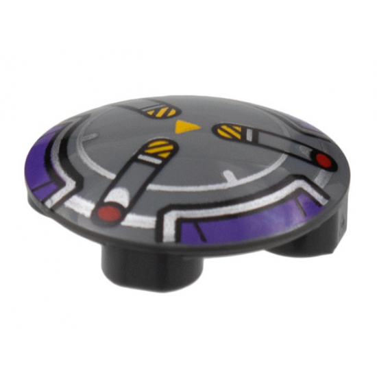Plate, Round 2 x 2 with Rounded Bottom with Dark Purple and Silver Border, 3 Spokes with Black and Yellow Danger Stripes and Red Dots Pattern