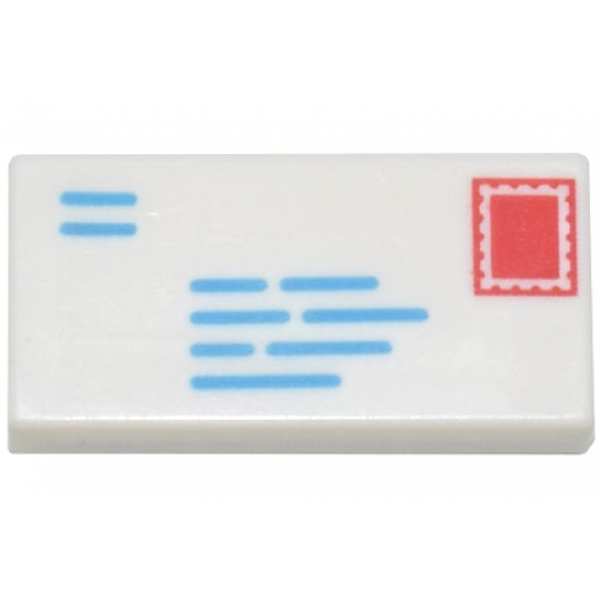 Tile 1 x 2 with Dark Azure Lines and Red Rectangle Pattern (Mail Envelope with Stamp and Return Address)