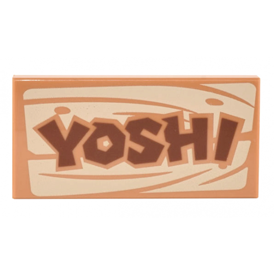 Tile 2 x 4 with Reddish Brown 'YOSHI' on Tan Wood Grain Pattern