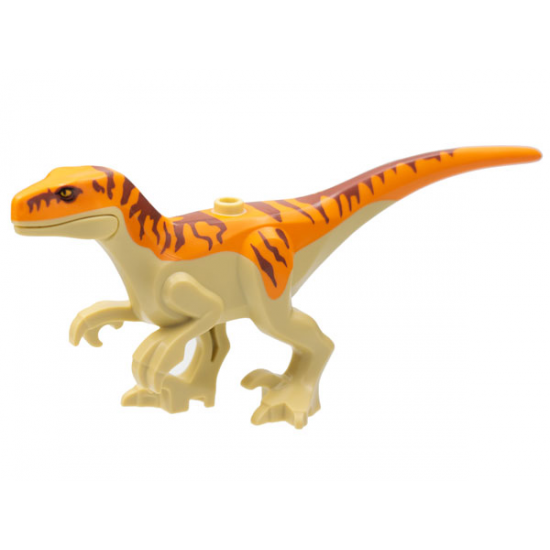 Dinosaur Atrociraptor with Orange Back, Reddish Brown Stripes, and Bright Light Orange Eyes Pattern