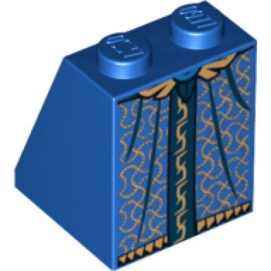 Slope 65 2 x 2 x 2 with Bottom Tube with Minifigure Dress/Skirt/Robe, Gold and Dark Blue Pattern