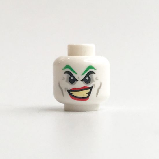 Minifigure, Head Male Green Eyebrows, Wide Angled Smile with Red Lips Pattern (The Joker) - Hollow Stud