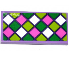 Tile 2 x 4 with Dark Pink, Green, Lime and White Squares Mosaic Pattern (Sticker) - Set 41065