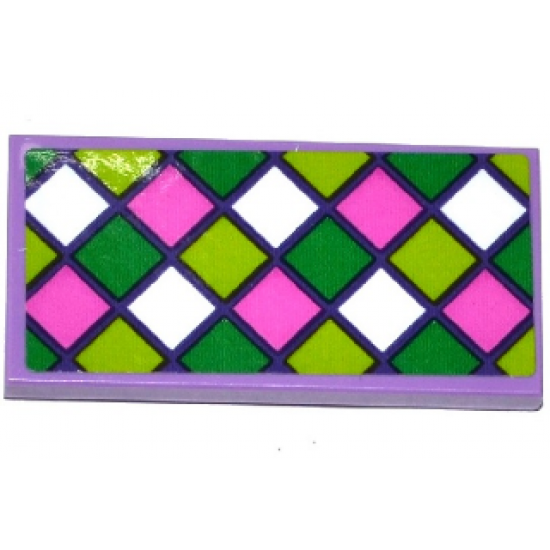 Tile 2 x 4 with Dark Pink, Green, Lime and White Squares Mosaic Pattern (Sticker) - Set 41065