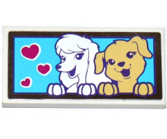 Tile 2 x 4 with 2 Dogs and 3 Magenta Hearts on Medium Azure Background Pattern (Sticker) - Set 41124