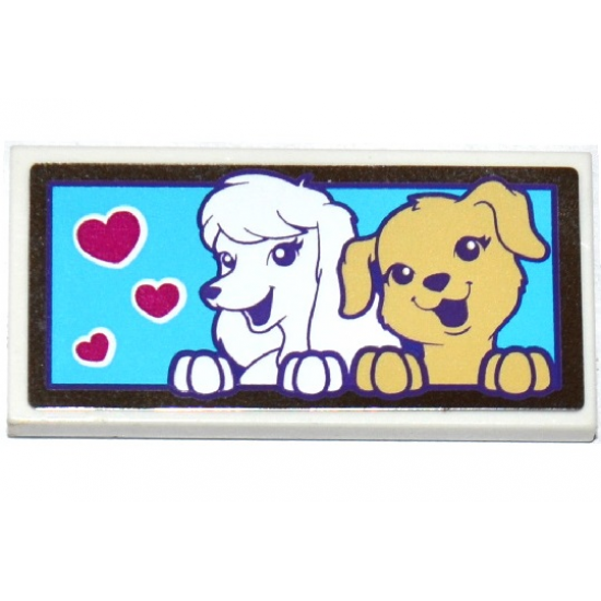 Tile 2 x 4 with 2 Dogs and 3 Magenta Hearts on Medium Azure Background Pattern (Sticker) - Set 41124