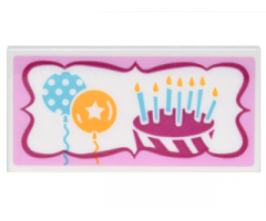 Tile 2 x 4 with Sign with 2 Balloons, Birthday Cake with 7 Candles in Magenta and Bright Pink Frame Pattern (Sticker) - Set 41132