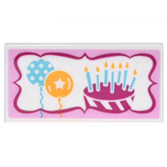 Tile 2 x 4 with Sign with 2 Balloons, Birthday Cake with 7 Candles in Magenta and Bright Pink Frame Pattern (Sticker) - Set 41132