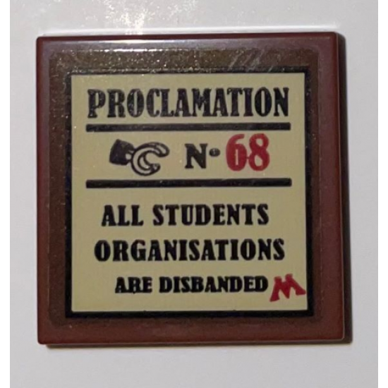 Tile 2 x 2 with Black and Red 'PROCLAMATION No. 68', Minifigure Hand, Text, and Letter M on Tan Background Pattern (Sticker) - Set 75966