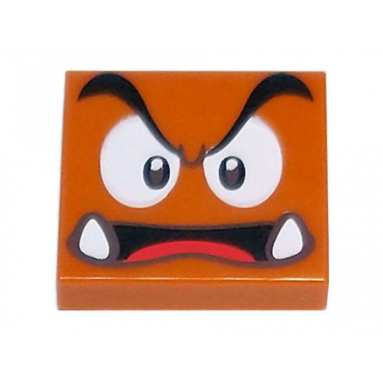 Tile 2 x 2 with Black Eyebrows, Dark Brown and White Eyes Looking Straight, Angry Open Mouth with Bottom Fangs and Red Tongue Pattern (Super Mario Goomba / Pirate Goomba Face)