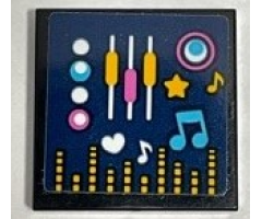 Tile 2 x 2 with Medium Azure, Bright Light Orange and White Musical Notes, Buttons and Equalizer Bars on Dark Blue Background Pattern (Sticker) - Set 41347