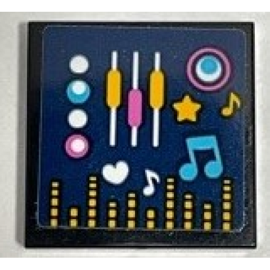 Tile 2 x 2 with Medium Azure, Bright Light Orange and White Musical Notes, Buttons and Equalizer Bars on Dark Blue Background Pattern (Sticker) - Set 41347