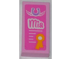 Tile 1 x 2 with Horseshoe, 'Mia', and Award Ribbon on Dark Pink Background Pattern (Sticker) - Set 3189