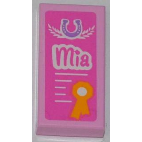 Tile 1 x 2 with Horseshoe, 'Mia', and Award Ribbon on Dark Pink Background Pattern (Sticker) - Set 3189