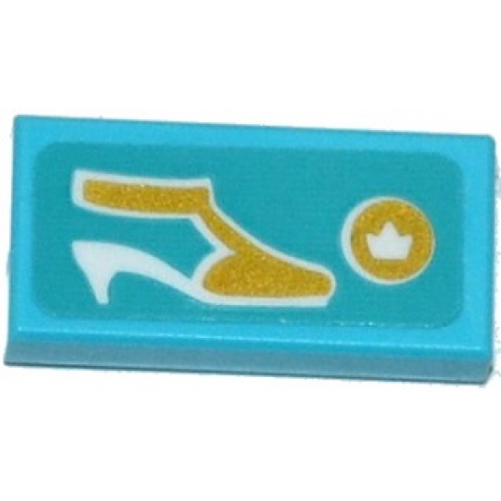 Tile 1 x 2 with White and Gold Shoe and Gold Disk with Crown Pattern (Sticker) - Set 41135