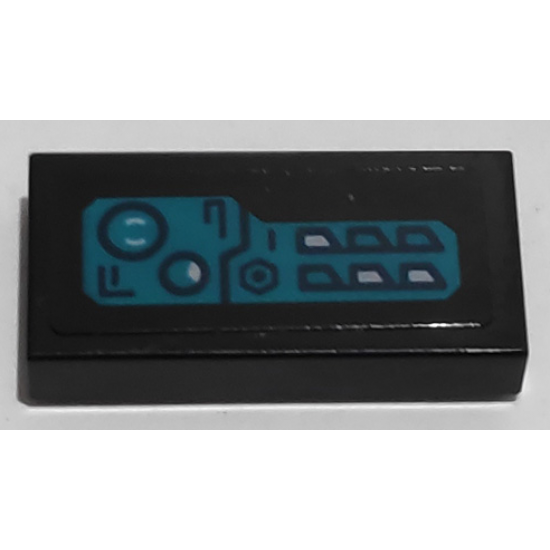 Tile 1 x 2 with Dark Turquoise Control Panel Pattern Model Left Side (Sticker) - Set 76153