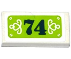 Tile 1 x 2 with Dark Blue '74' and White Hearts, Swirls and Screws on Lime Background Pattern (Sticker) - Set 41108