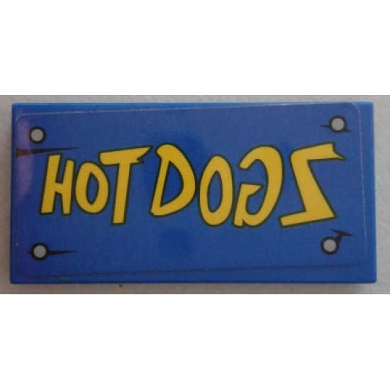 Tile 2 x 4 with Yellow 'HOT DOGS' on Blue Wood Grain Background and 4 Nails Pattern (Sticker) - Set 75824