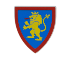 Minifigure, Shield Triangular  with Yellow Lion Standing with Raised Foot on Blue Background with Red Border Pattern