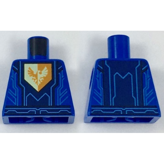 Torso Nexo Knights Armor with Blue Circuitry, Dark Blue Center Panel, Falcon Symbol on Pentagonal Shield Pattern