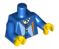 Torso Jacket with Dark Blue Buttons, Bright Light Blue and Orange Geometric Shapes over White Shirt with Collar Pattern / Blue Arms / Yellow Hands