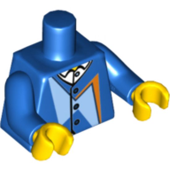 Torso Jacket with Dark Blue Buttons, Bright Light Blue and Orange Geometric Shapes over White Shirt with Collar Pattern / Blue Arms / Yellow Hands