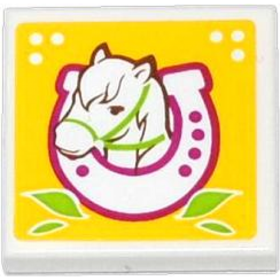 Tile 2 x 2 with Horse Head in Horseshoe and Leaves on Yellow Background Pattern (Sticker) - Set 41039