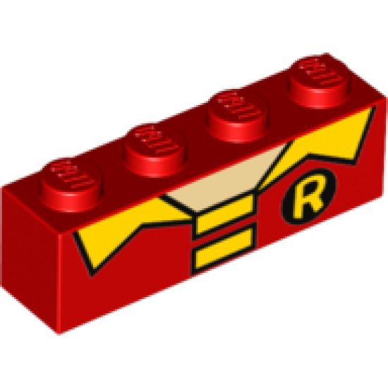 Brick 1 x 4 with Light Nougat Neck and Yellow Collar, 2 Rectangles and Letter 'R' on Black Circle Pattern (BrickHeadz Robin Chest)