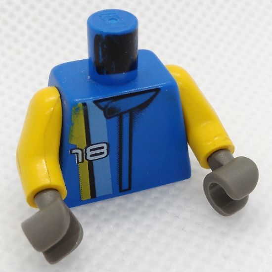 Torso Racers Number 18 and Yellow Stripe Pattern / Yellow Arms / Dark Gray Hands