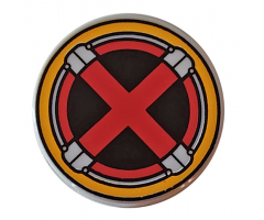 Tile, Round 2 x 2 with Bottom Stud Holder with Red X-Men Logo in Bright Light Yellow Circle Pattern