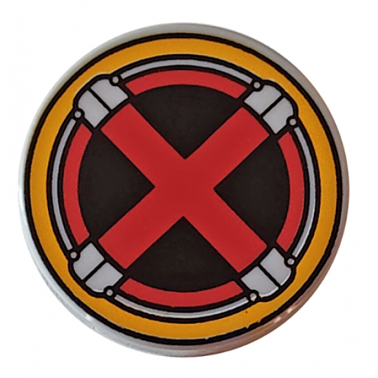 Tile, Round 2 x 2 with Bottom Stud Holder with Red X-Men Logo in Bright Light Yellow Circle Pattern