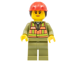 Train Worker - Female, Orange Safety Vest with Lime Straps, Olive Green Legs, Red Construction Helmet with Ponytail