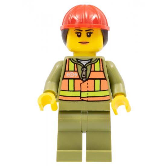 Train Worker - Female, Orange Safety Vest with Lime Straps, Olive Green Legs, Red Construction Helmet with Ponytail